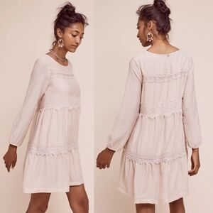 eri + ali Anthropologie Mirana Lace Tier‎ Swing Dress Long Sleeve In Nude Size S